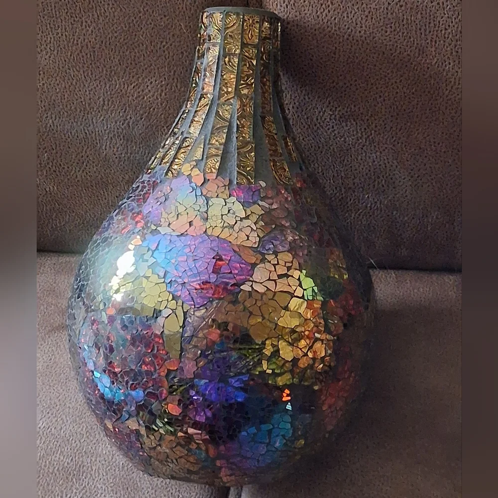 Iridescent Aurora Borealis Mosaic Vase Burgundy, Gold, Blue, Purple
